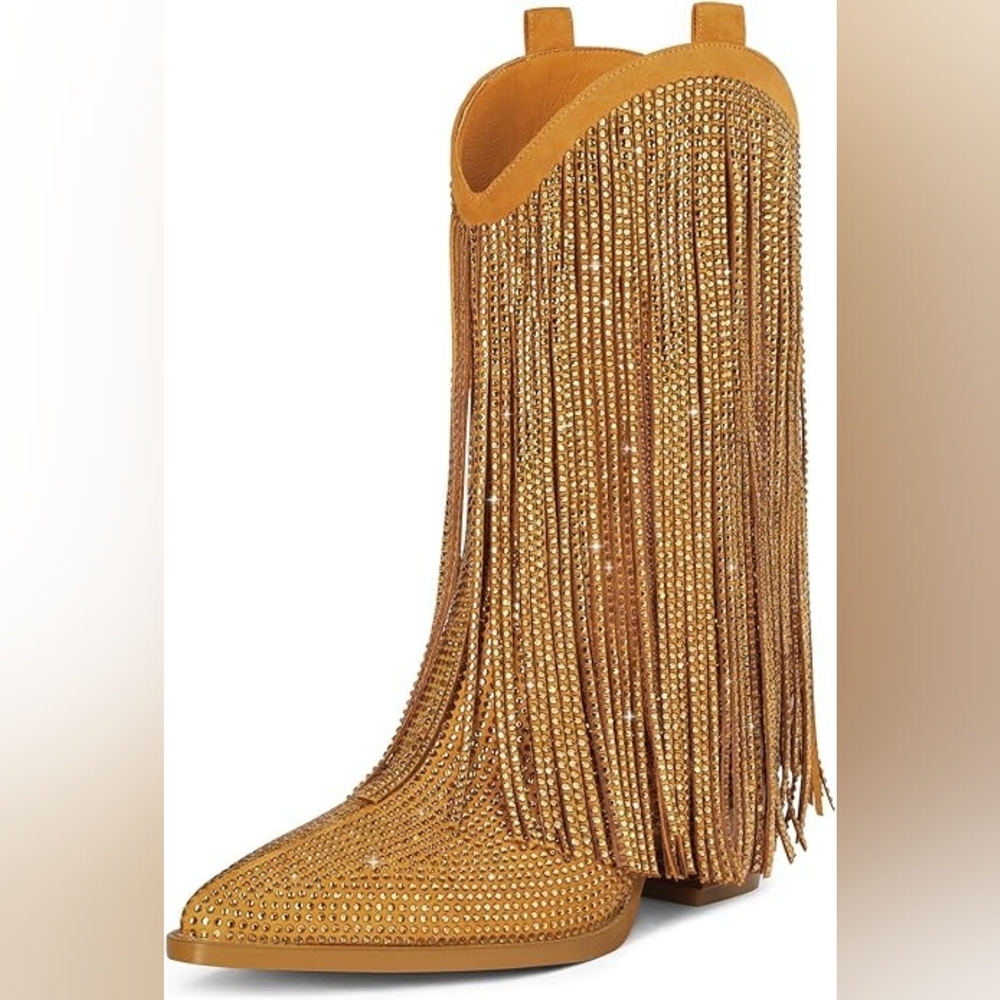 Rich Gold Rhinestone Fringe Boho Western Boots